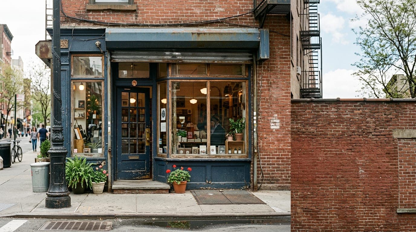 Storefront entrance of a local business on a New York street with natural daylight and visible interior.